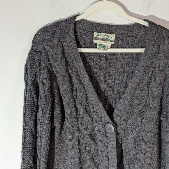 Arancrafts Ireland 100% Merino Wool Cable Knit Cardigan Sweater Women's Large - Picture 3 of 5